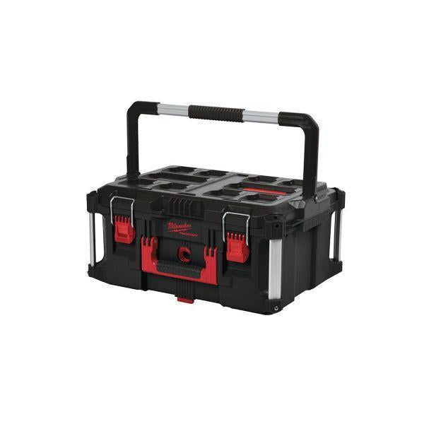 Cassetta portautensili packout Milwaukee con angoli rinforzati in metallo, chiusura rinforzata in metallo e comodi ripiani interni.